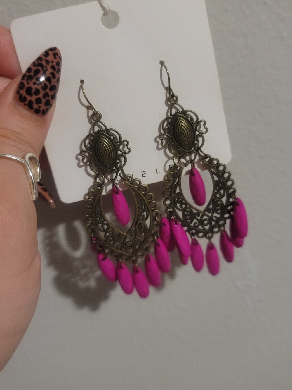 Boho Vintage-Style Filigree Drop Earrings with Hot Pink Accents